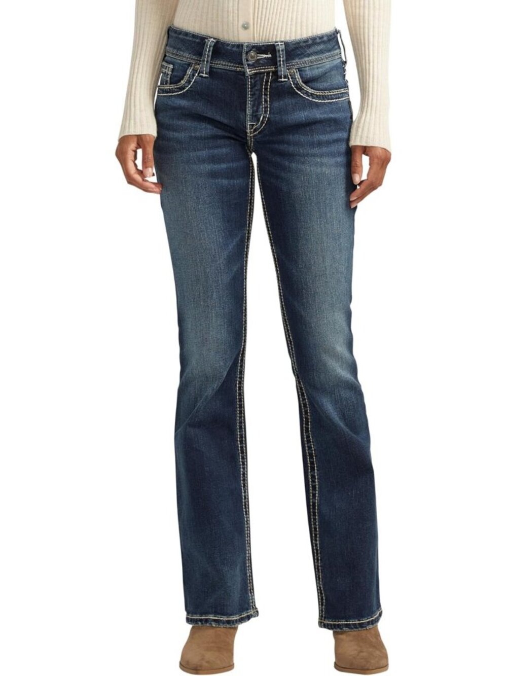 Curvy Fit Slim Bootcut Jeans for Women - Mid Rise, Silver Wash, Stylish